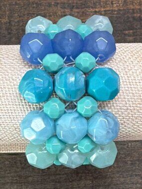 Chunky Blue Turquoise Faceted Acrylic Beaded Stretch Cuff 2" Wide Bracelet